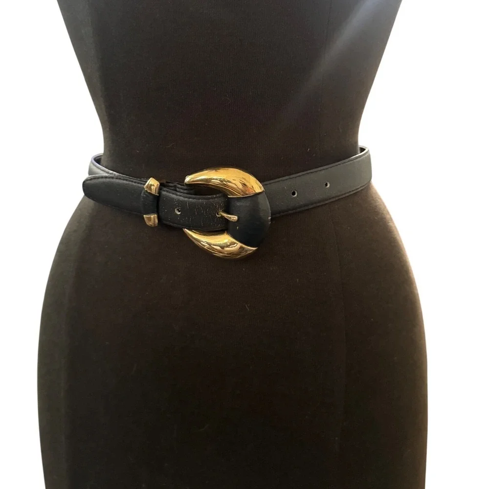 Leather Shop Vintage 1997 Dark Blue  Leather Belt Gold Crescent Buckle Sm Taiwan
